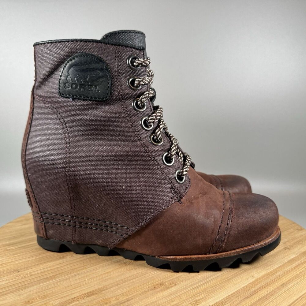 Sorel Lexie Wedge Boots Woemns 7 Leather Brown Lace up Outdoor